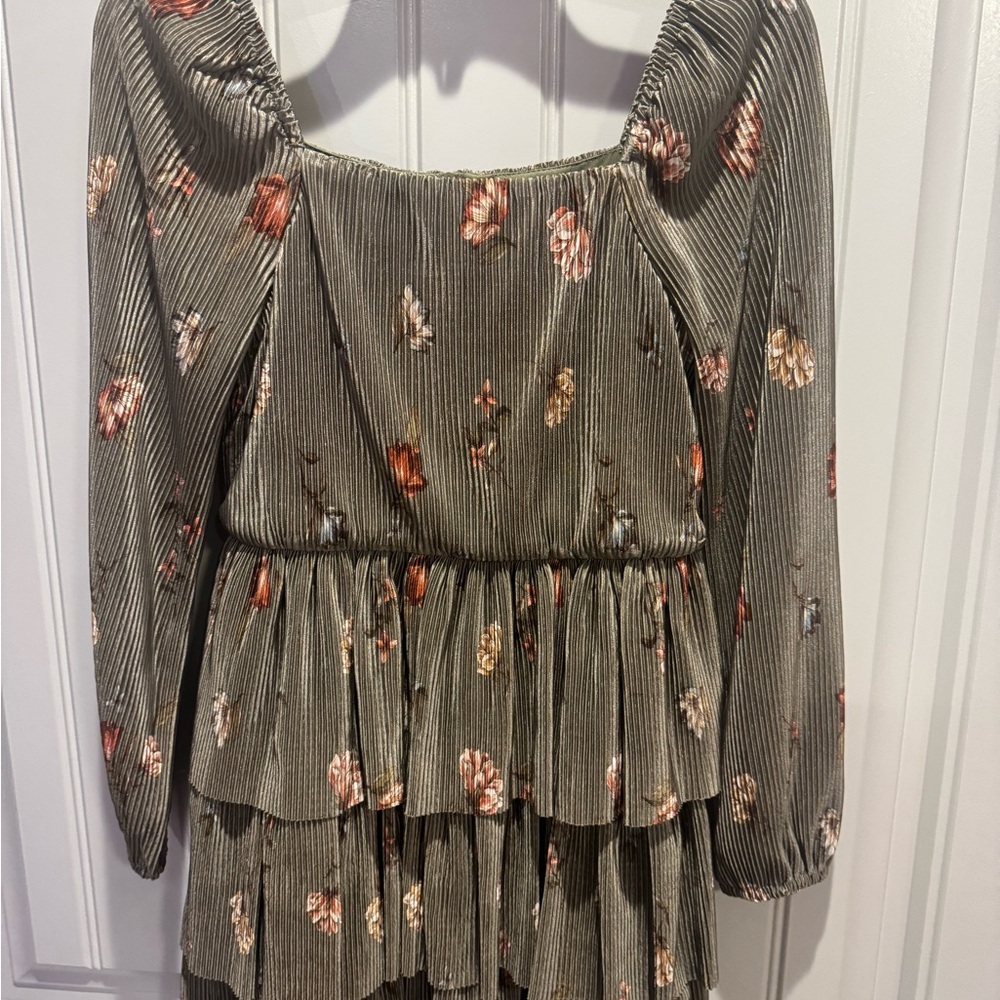 GB Girls Floral Pleated Dress - Olive and Peach